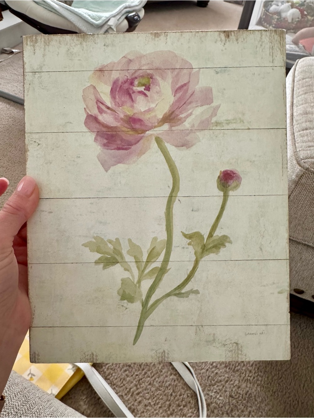 Hand-Painted Floral Wall Art - Pink Peony on Cream Background